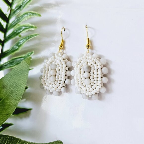 2/$27 | White Stone Shield Beaded Indigenous Hoop Earrings | Handmade - Picture 6 of 6